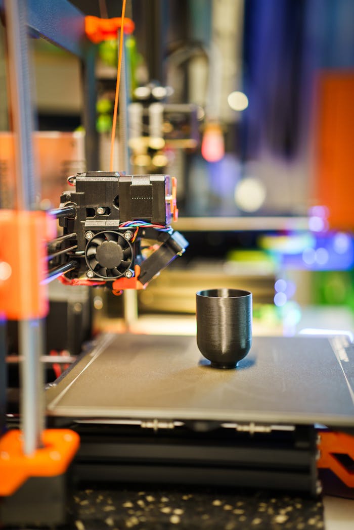 about-01 Detailed shot of a 3D printer manufacturing a black plastic cup indoors.