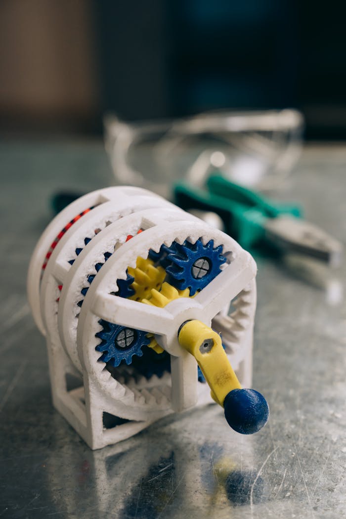 services-02 A detailed view of a multicolored mechanical gear toy placed on a metal surface with tools in the background.